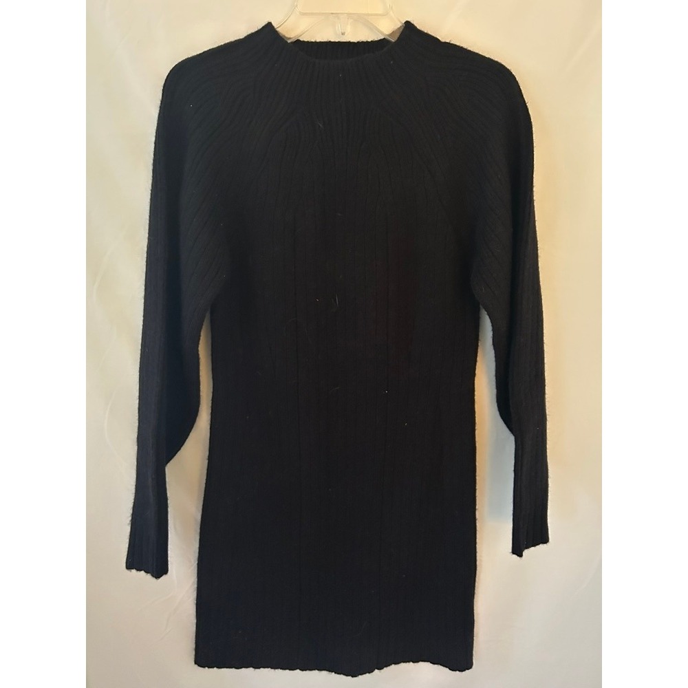 August Sky Black Ribbed Mock Neck Long Sleeve Knit Mini Sweater Dress RD3061 S
